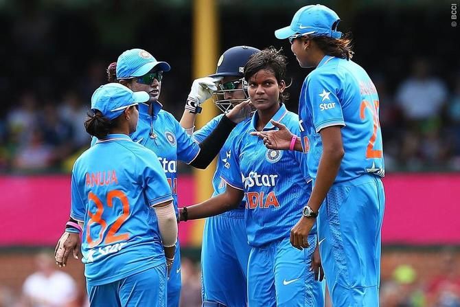 Deepti Sharma (centre) is the second-fastest (43 matches) and second-youngest woman to the career double of 1000-plus runs and 50-plus wickets in ODI cricket