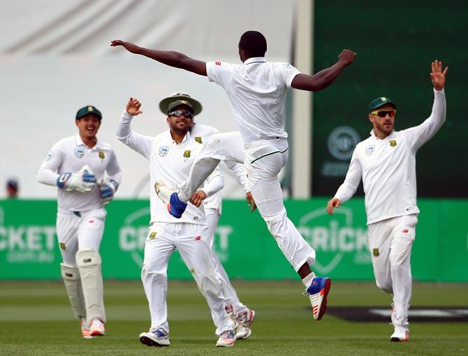 Kagiso Rabada celebrates taking Australian Captain Steve Smith's wicket. Photograph: David Gray/Reuters