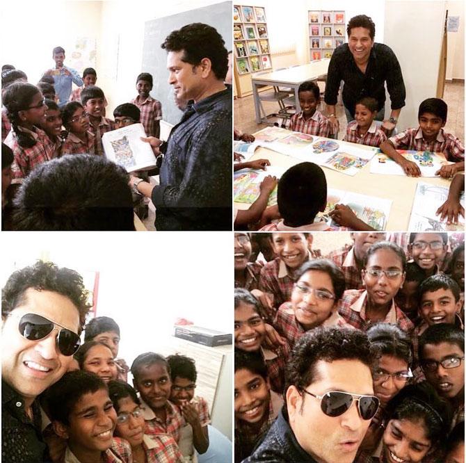 Sachin Tendulkar spends time with kids of Puttamraju Kandrika village in Sri Potti Sriramulu Nellore district of Andhra Pradesh on Wednesday