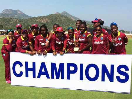 The victorious West Indies women's team after their win over India on Tuesday