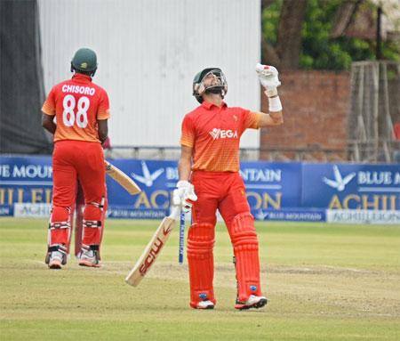 Zimbabwe's Sikander Raza and Chisoro in action during the One-dayer against West Indies in Harare on Friday