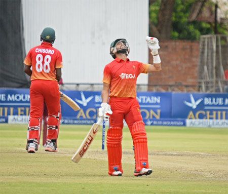 Zimbabwe's Sikander Raza and Chisoro in action during the One-dayer against West Indies in Harare on Friday