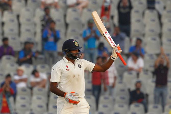 India’s Ravichandran Ashwin celebrates his half century on Day 2 of the Mohali Tes