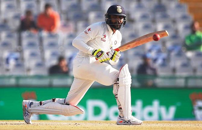 Ravindra Jadeja bats en route his 90 runs on Day 3 of the 3rd Test in Mohali on Monday