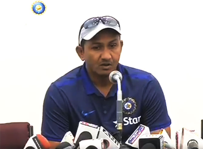 Sanjay Bangar speaks at a press conference in Indore on Thursday