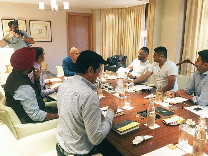 India ODI captain Mahendra Singh Dhoni (far right) at the selection committee meeting in Neww Delhi on Thursday