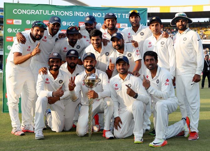 The Indian squad with the Test mace after winning the 3rd Test vs New Zealand at the Holkar stadium in Indore on Tuesday