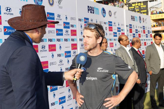 New Zealand captain Kane Williamson speaks at the post-match presentation ceremony