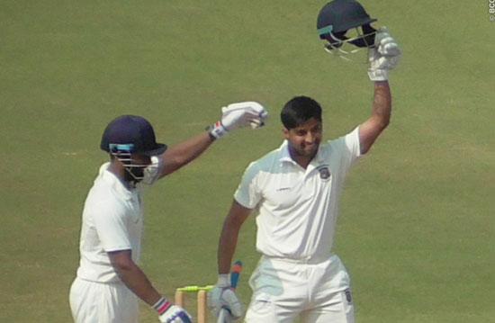 Maharasthra's Swapnil Gugale and Ankit Bawane during their 624-run stand against Delhi in the Ranji Trophy match on Friday