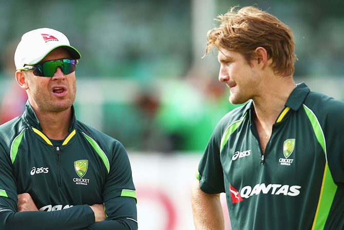 Australia's Micheal Clarke and Shane Watson at a team training session