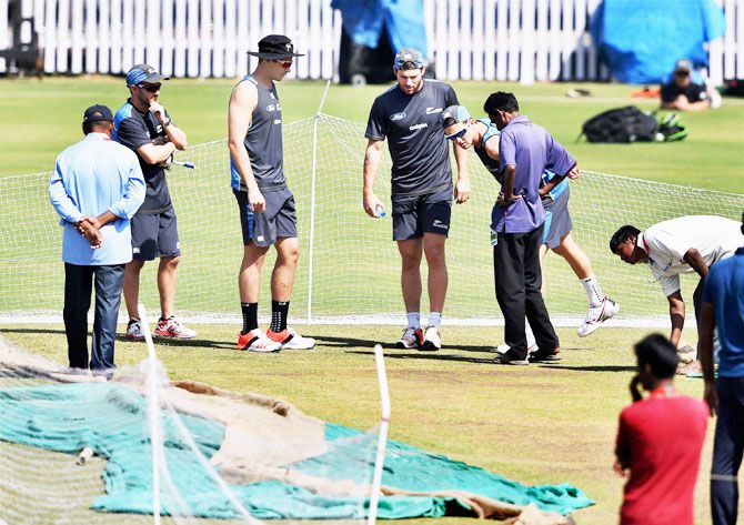 New Zealand Cricketers inspect the pitch during their training session at Ranchi on Tuesday