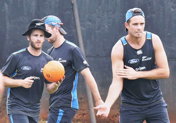 New Zealand's Kane Williamson and Tim Southee during a team training session in Visakhapatnam on Friday