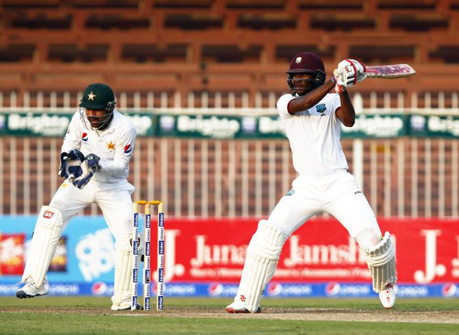 West Indies' Kraigg Brathwaite bats on Day 2 of the 3rd Test against Pakistan at Sharjah Cricket Stadium on Monday