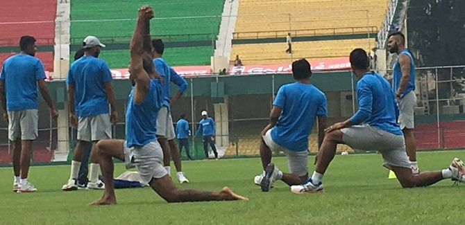 The Indian team loosens up before a session at the nets. Photograph: BCCI