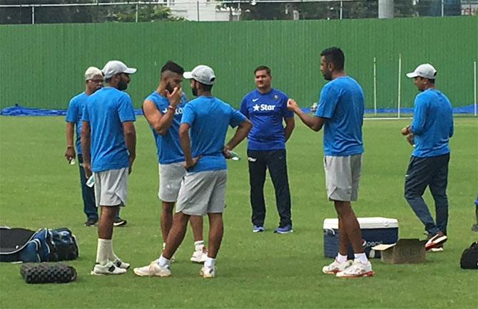 Indian cricketers at a training session in Kanpur on Sunday