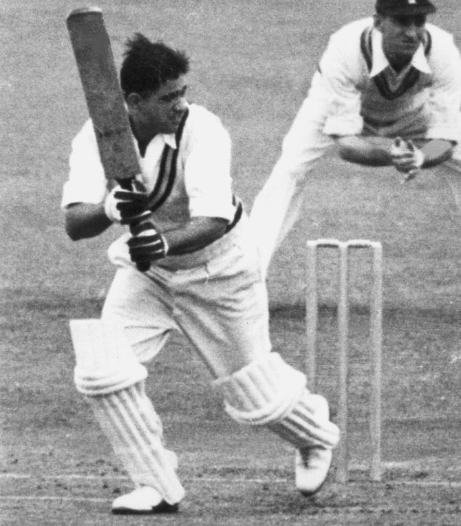 Vinoo Mankad in action during a Test against England, Old Trafford, Manchester, 1952