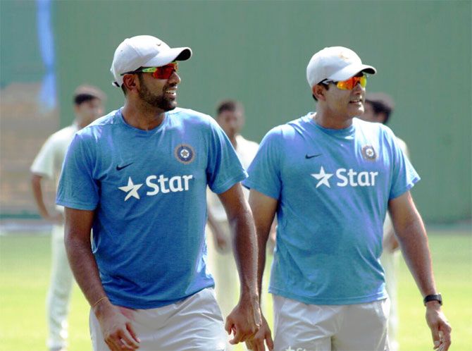 India spinner R Ashwin and coach Anil Kumble at a team training session