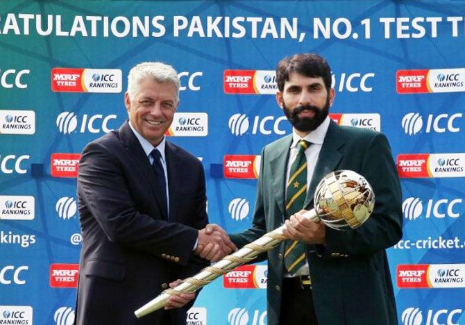 ICC chairman Dave Richardson hands the ICC Test mace to Pakistan Test captain Misbah-ul-Haq on Wednesday