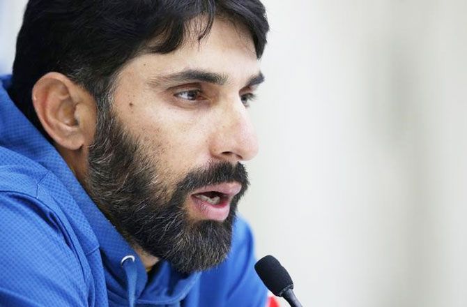 Pakistan's Misbah-ul-Haq talks to the media during a press conference