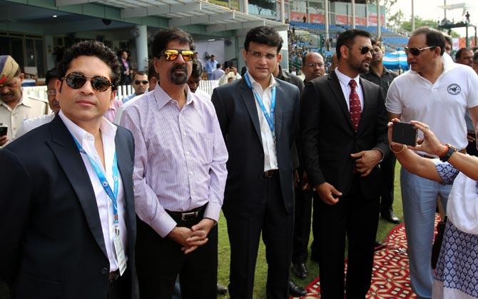 IMAGE: (Left to right) Former India captains Sachin Tendulkar, Krishnamachari Srikkanth, Sourav Ganguly, Mahendra Singh Dhoni and Mohammad Azharuddin during a felicitation ceremony ahead of the start of the first Test at the Green Park stadium in Kanpur on Thursday