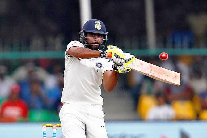 India's Ravindra Jadeja plays a shot on Day 2 of the first Test at Green Park Stadium in Kanpur on Friday