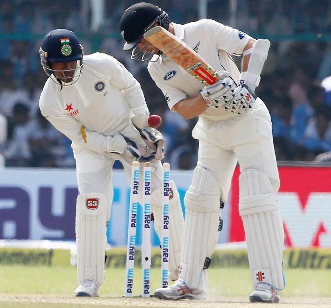 Kane Williamson Captain of New Zealand is bowled by Ravichandran Ashwin