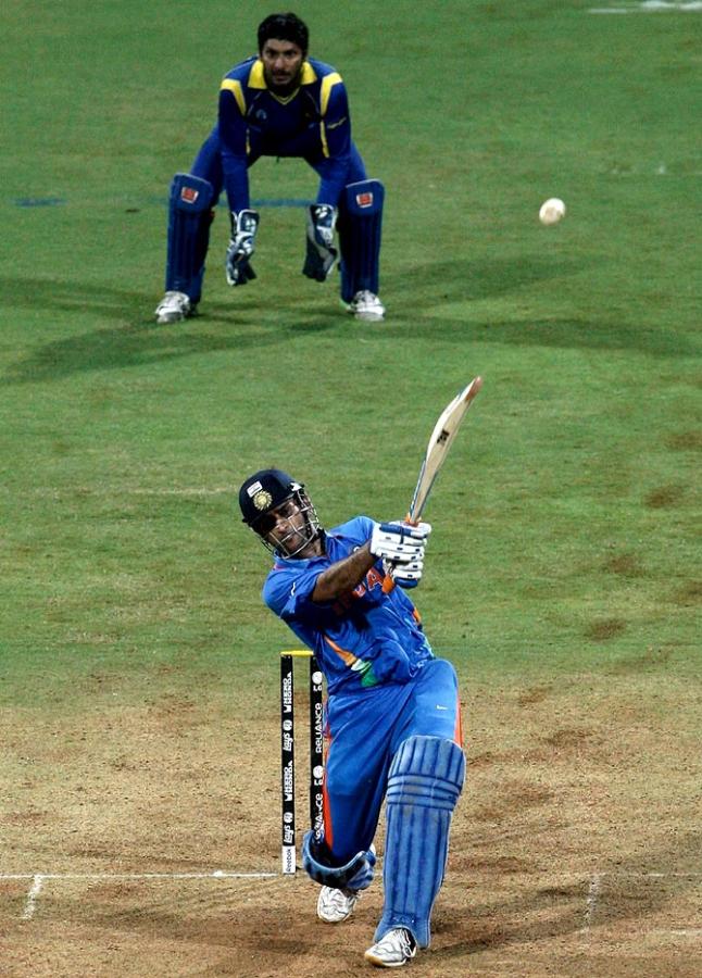 The most famous six in ODI cricket, the victorious shot against Sri Lanka in the 2011 World Cup final in Mumbai, April 2, 2011. Photograph: Graham Crouch/Getty Images