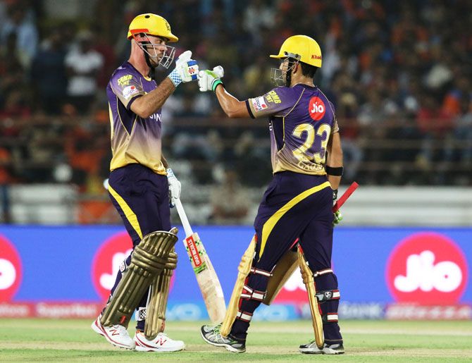 Kolkata Knight Riders' Chris Lynn and Gautam Gambhir celebrate after their 10-wicket victory over Gujarat Lions during their IPL match in Rajkot on Friday