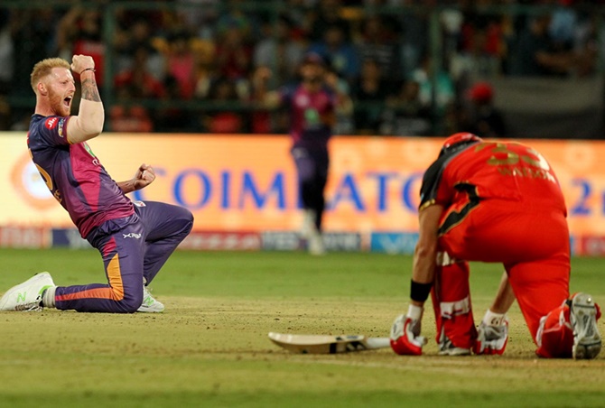 The Rising Pune Supergiant's Ben Stokes celebrates the wicket of Royal Challengers Bangalore's Shane Watson during their Indian Premier League match in Bengaluru, on Sunday, April 16