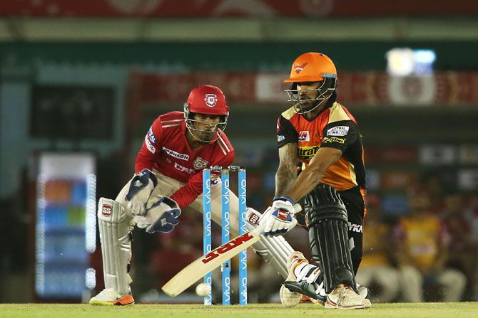 Sunrisers Hyderabad's Shikhar Dhawan en route his 77 against Kings XI Punjab in Mohali on Friday