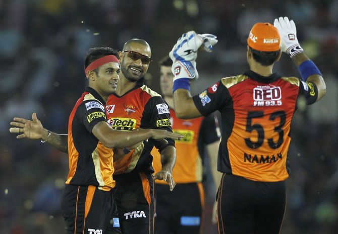 Sunrisers Hyderabad's Siddarth Kaul celebrates with teammates after picking the wicket of Kings XI Punjab's captain Glenn Maxwell during their Indian Premier League match in Mohali on Friday