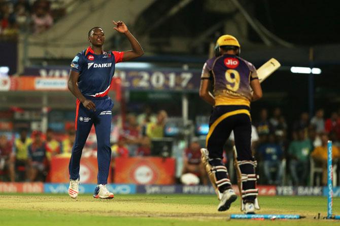 KKR's Manish Pandey is bowled by Delhi's Kasigo Rabada