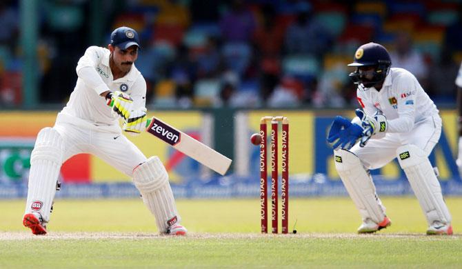 Ravindra Jadeja bats during his solid innings of 70 on Day 2 of the 2nd Test in Colombo on Friday