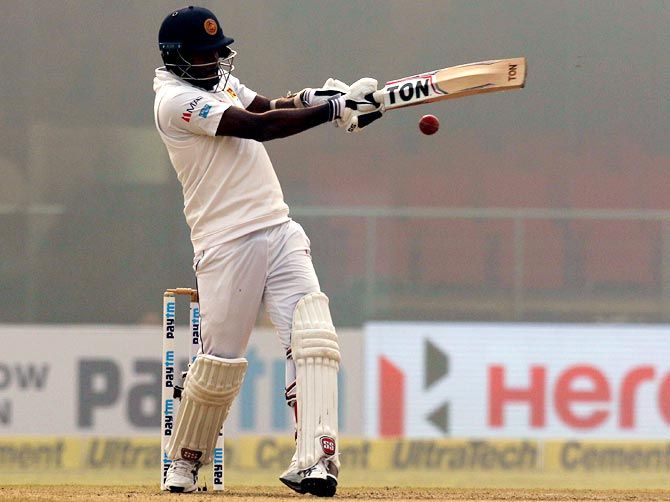 Angelo Mathews bats on Day 3 of the third Test against India at the Feroz Shah Kotla in New Delhi on Monday