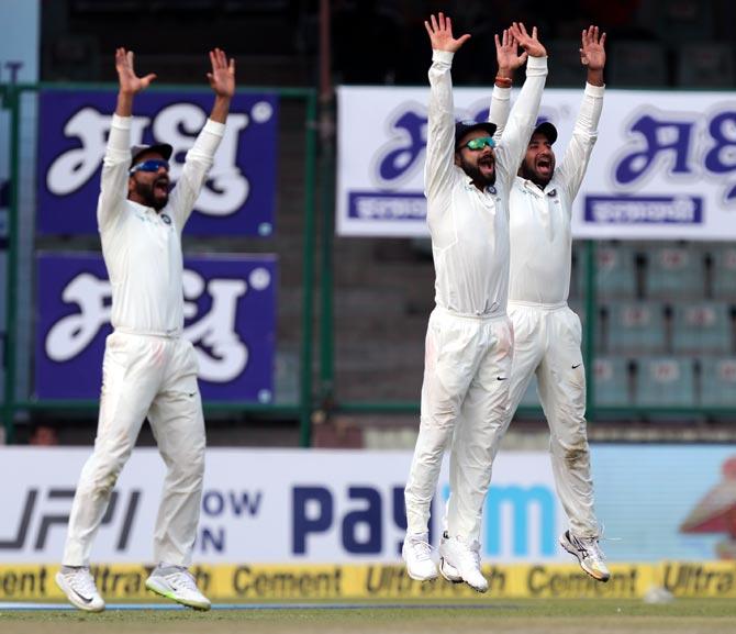 The Indian players appeal unsuccessfully for a wicket