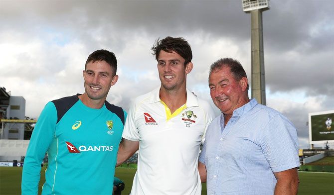Centurion on Day 3 of the 3rd Ashes Test, Mitchell Marsh (centre) is flanked by older brother Shaun Marsh and father Geoff Marsh at the at the WACA on Saturday