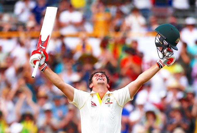 Mitchell Marsh is a picture of joy on reaching his century on Day 3 of the 3rd Test at the WACA in Perth on Saturday