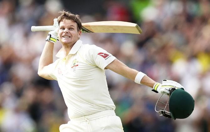 Australia captain Steve Smith celebrates after completing his double century on Day 3 of the Third Ashes Test at the WACA in Perth on Saturday