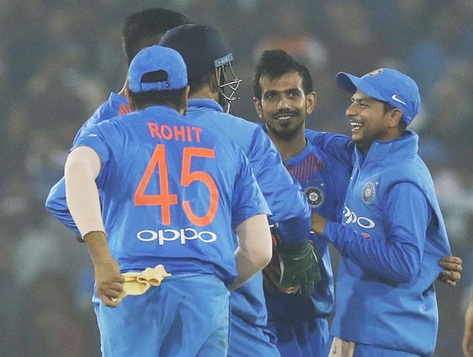 Yuzvendra Chahal celebrates after scalping the wicket of Thisara Perera