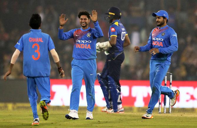 Kuldeep Yadav celebrates after dismissing Dasun Shanaka 