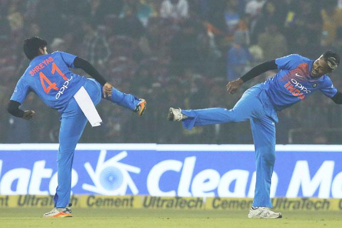 Hardik Pandya and Shreyas Iyer celebrate the wicket of Dushmantha Chameera