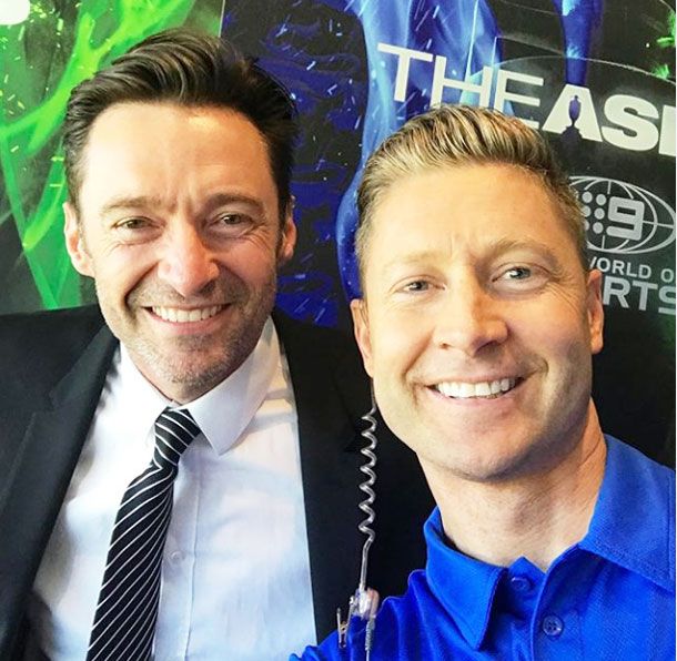 Hollywood star Hugh Jackman with Michael Clarke at the MCG on Wednesday