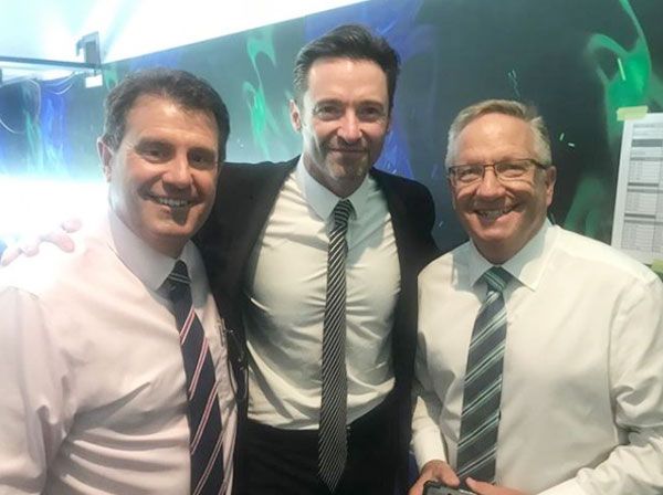 Hugh Jackman is flanked by former Australian captains Mark Taylor (left) and Ian Healy