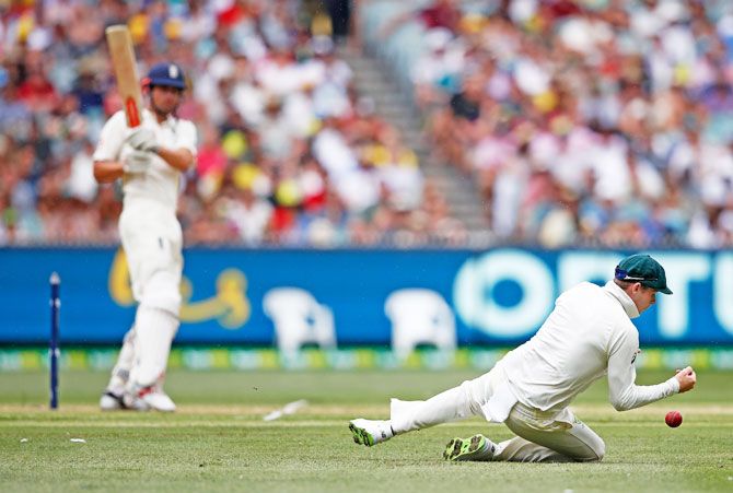 Australia's Steve Smith spills a catch to give Alastair Cook another reprieve