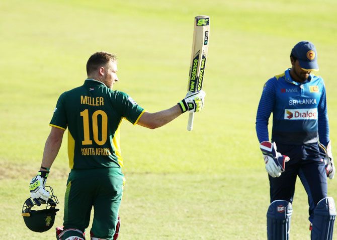 South Africa's David Miller celebrates on completing his century during the 2nd ODI against Sri Lanka at Sahara Stadium, Kingsmead, in Durban, on Wednesday