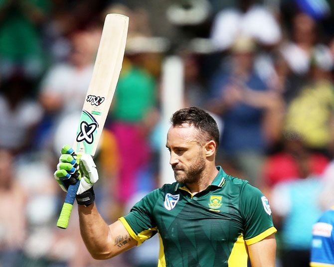 South Africa's Faf du Plessis celebrates his century against Sri Lanka during the 4th ODI at PPC Newlands in Cape Town on Tuesday