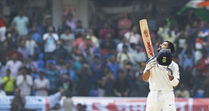 Virat Kohli thanks the stars after completing his century on Friday