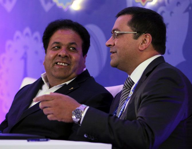 IPL chairman Rajeev Shukla, left, with BCCI CEO Rahul Johri
