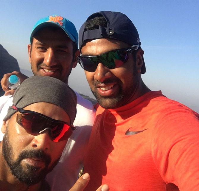 Cheteshwar Pujara, Murali Vijay and Ravichandran Ashwin strike a pose