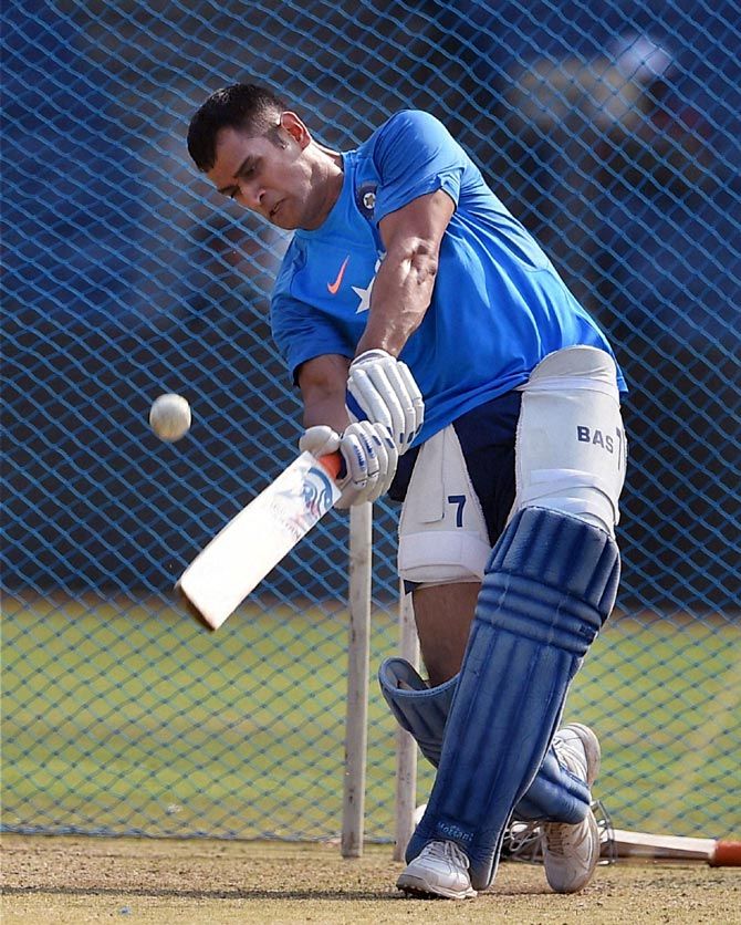 Mahendra Singh Dhoni in action during the nets session on Saturday